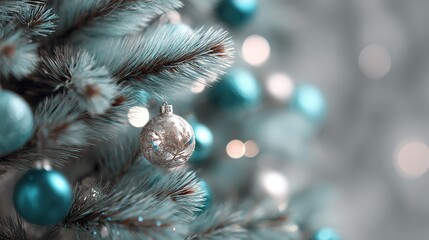 A silver Christmas ornament hangs on a blue frosted tree branch with blurred lights in the background