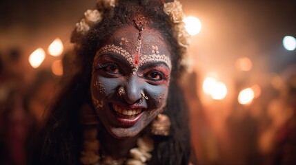 Smiling woman with elaborate ceremonial makeup and traditional jewelry against a blurred background of warm lights