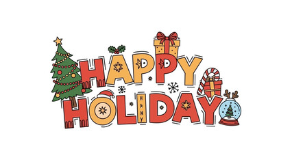 Happy Holiday greeting with festive Christmas tree, gift box, candy cane and snow globe