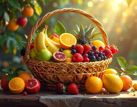 Panier dor&eacute; contenant des fruits &agrave; profusion. Generated Image. 