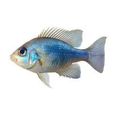 Fototapeta premium A vibrant blue fish glides gracefully through clear water, reflecting sunlight in a tropical environment.