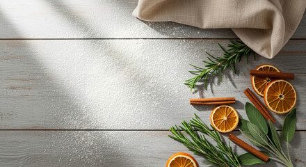 Overhead shot of flour on gray wooden surface, with linen cloth, orange slice, cinnamon stick, and rosemary sprig, showing natural food preparation
