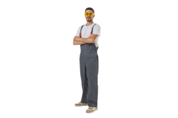 Worker with crossed arms in safety glasses, isolated on white, PNG