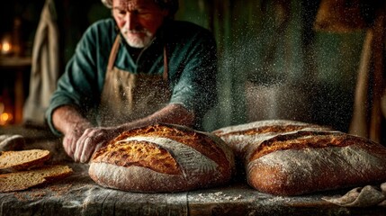 Artisan baker crafting fresh loaves of bread, baking process with rustic style