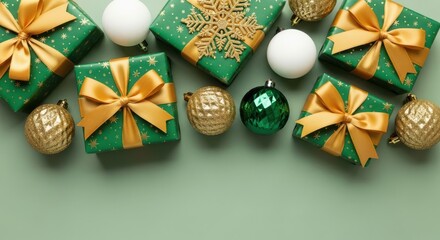 Top view of green christmas gift box and ornament
