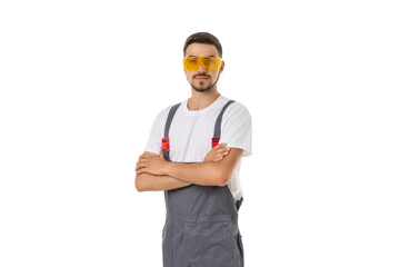 Worker in goggles and overalls poses, isolated on white, PNG