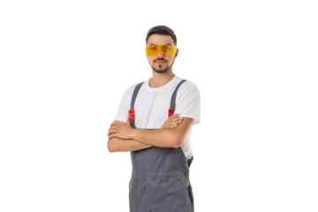 Worker in goggles and overalls poses, isolated on white, PNG