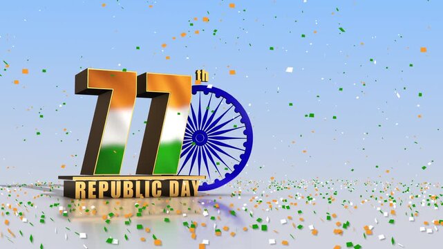 77th Republic Day Tricolor 3D Text with Rotating Ashoka Chakra and Falling Confetti