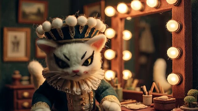 Cat in costume posing in front of a mirror