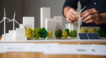 Crafting a sustainable future with wind and solar energy in an eco-friendly city concept, symbolizing green innovation and urban planning for a better tomorrow