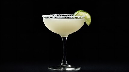Classic margarita cocktail served in a coupe glass with a salted rim and lime wedge garnish against black background