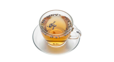 Isolated glass cup filled with herbal lavender tea on a saucer, on light seamless surface