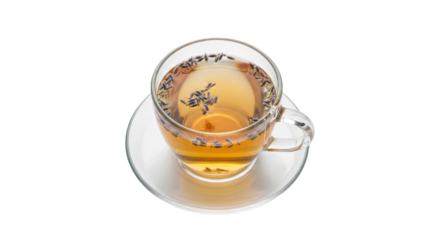 Isolated glass cup filled with herbal lavender tea on a saucer, on light seamless surface