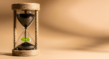 Time is growing, invest in sustainable initiatives for our planet's future, showcasing growth, hope, and the urgency of environmental responsibility with an hourglass