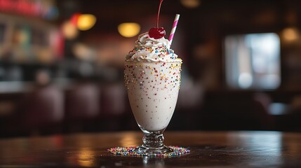 Delicious vanilla milkshake topped with whipped cream, colorful sprinkles, and a maraschino cherry in a diner