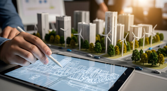 Dynamic urban planner designing eco-friendly cityscapes with digital tablet and stylus, envisioning sustainable living with wind turbines and modern architecture designs
