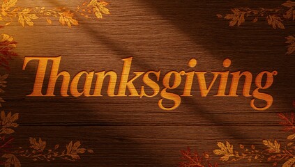 Displaying Thanksgiving text embossed on wooden plank backdrop, showing autumn leaves, warm light