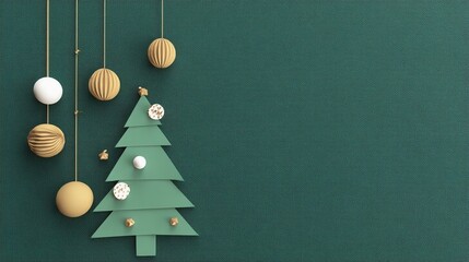 Minimalist Christmas tree with red and gold ornaments, green background, banner template with space to add text, perfect for card or social media posts in a minimalist green color scheme.