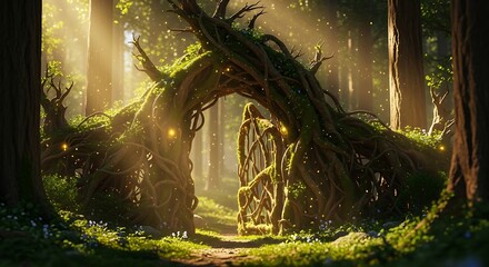 An abstract light background illuminates the old rusty metal door and the beautiful autumn morning path through a misty green forest