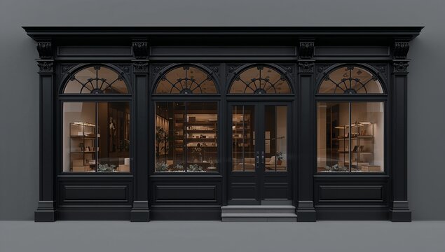 Showcasing dark classical storefront displaying lit shelves on street front with double doors