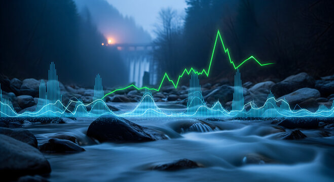 Dynamic stock market analysis with vibrant green uptrend line over peaceful flowing river scenery, ideal for financial growth or sustainable investment concepts