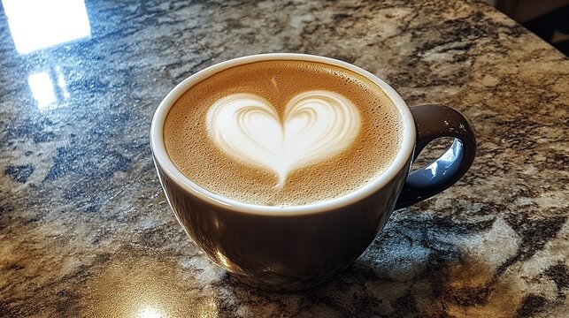 Close up of a perfectly poured latte art heart design in a dark brown ceramic mug sitting on a granite counter - Powered by Adobe