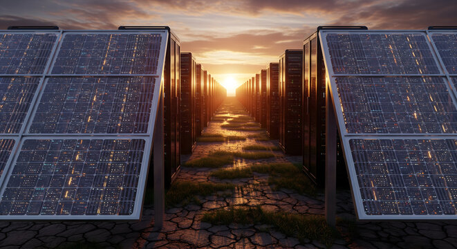 Sustainable tech future with solar panel data servers at sunset, showcasing green energy for eco friendly data storage and IT solutions, promoting environmental responsibility - Powered by Adobe