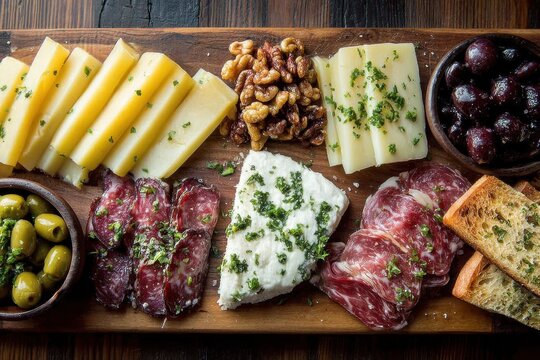 Delicious gourmet charcuterie board with assorted cheeses, olives, cured meats, and nuts