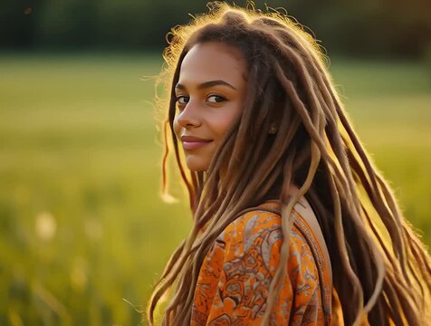 a woman with dreadlocks standing in a field