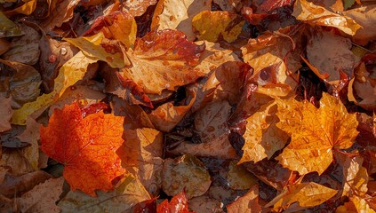 Showing pile of maple-shaped autumn leaves glistening on ground in park, with droplets
