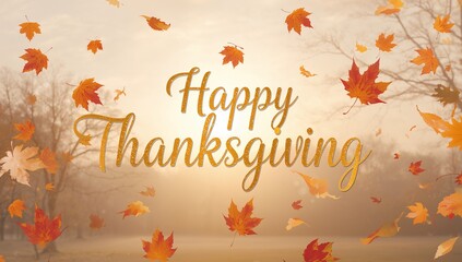 Glowing gold 'Happy Thanksgiving' script drifting across misty park, with falling maple leaves