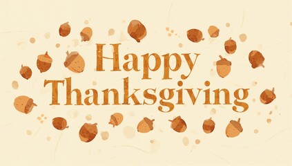 Obraz premium Showing centered Happy Thanksgiving headline sitting on textured paper, with acorns and splatters