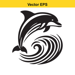 Black and white vector graphic of a dolphin jumping over a stylized ocean wave