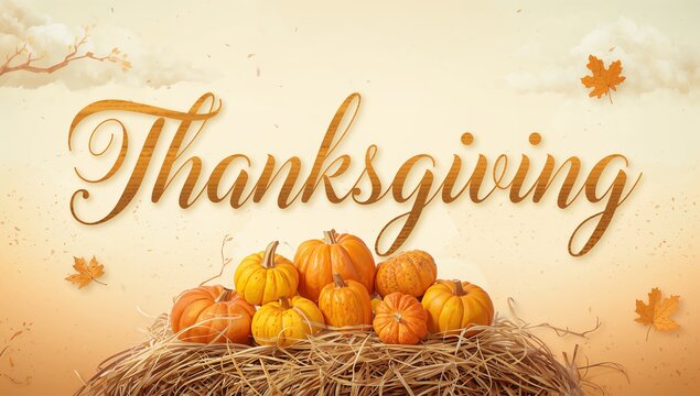Displaying pile of pumpkins sitting on straw nest at autumnal backdrop, with Thanksgiving script