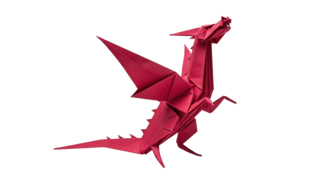 Isolated origami dragon, an animal art model created by folding paper in a dragon shape