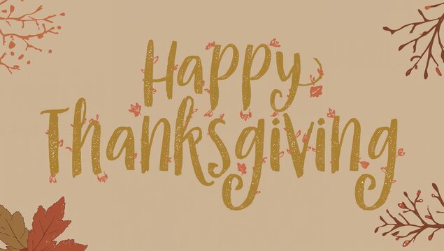 Featuring hand-lettered Happy Thanksgiving on warm beige card, with leaf accents and twig branches - Powered by Adobe