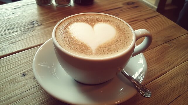 Close up of a perfect heart shape latte art in a white cup on a rustic wooden table in a cafe