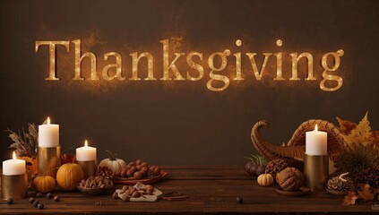 Glowing Thanksgiving lettering above wooden tabletop, with lit candles, pumpkins, cornucopia, nuts
