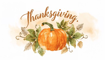 Showing large orange pumpkin with green stem in greeting card, with leaves and Thanksgiving script