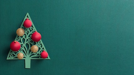 Minimalist Christmas tree with red and gold ornaments, green background, banner template with space to add text, perfect for card or social media posts in a minimalist green color scheme.