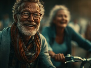 An elderly couple smiles radiantly while riding bicycles, embodying happiness, companionship, and carefree adventure. The image conveys joy, love, and vibrant energy.