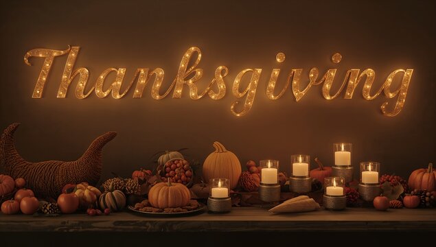 Glowing Thanksgiving marquee casting warm glow on wood table, with cornucopia, pumpkins, candles - Powered by Adobe