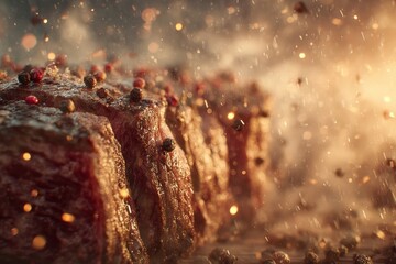 Close up shot of juicy steak with herbs ready for cooking