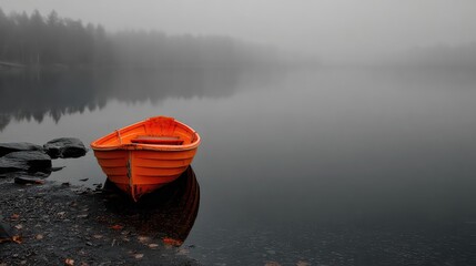 Dreamy orange rowboat resting on a misty lake shore, a serene escape into nature's tranquility, perfect for travel blogs or peaceful lifestyle content