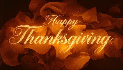 Showing gold script Happy Thanksgiving text on card, layered leaves, veins, swirls, glow, paper