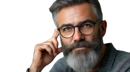 Thoughtful man with a beard and glasses sits with his chin resting on his hand, looking confident and engaged.