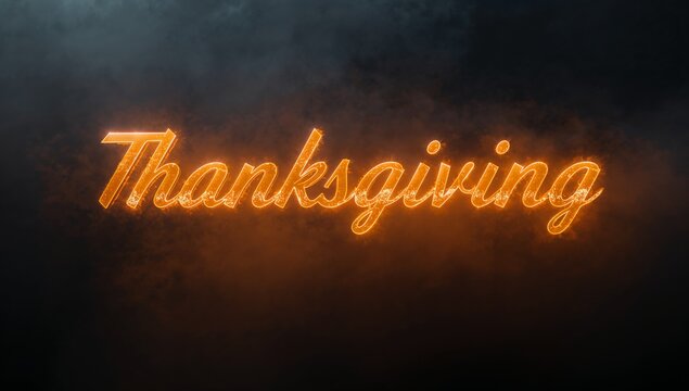 Glowing cursive Thanksgiving sign radiating warm light in dark studio backdrop, with ember sparks - Powered by Adobe