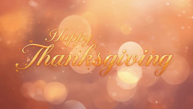 Featuring gold script Happy Thanksgiving dominating greeting gradient, bokeh sparkles, leaf motifs