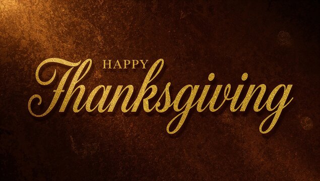 Showing gold 'HAPPY Thanksgiving' script shining on rust-brown backdrop, flourishes and bokeh