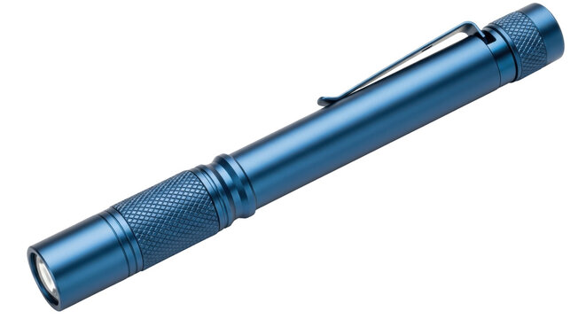 Isolated blue metal flashlight penlight with pocket clip for illumination, inspection, or everyday carry